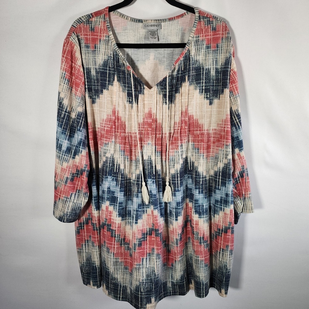 Catherines 3X Tunic Top Ikat Chevron Blue Coral Linen Blend Tassel V-Neck 3/4 Sl - Picture 2 of 9